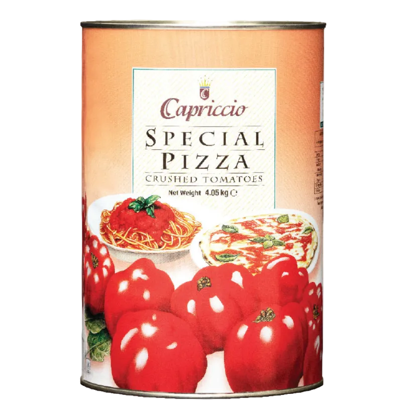 Can of Capriccio Special Pizza Crushed Tomatoes with tomato and pizza images on label