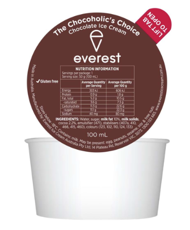 Ice Cream Chocolate Dixie Cups GF 24 x 100mL CARTON Everest