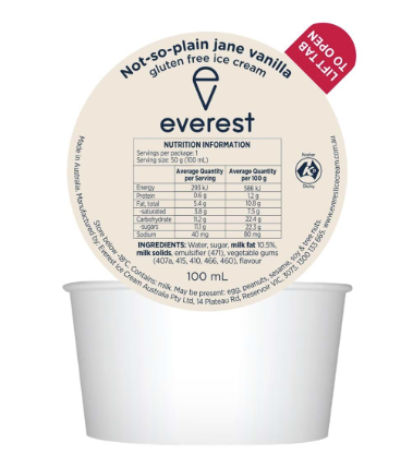 Ice Cream Not-So-Plain Jane Vanilla Dixie Cups GF 24 x 100mL CARTON Everest