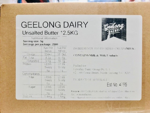 UNSALTED Butter 12.5kg Carton Frozen Geelong Dairy