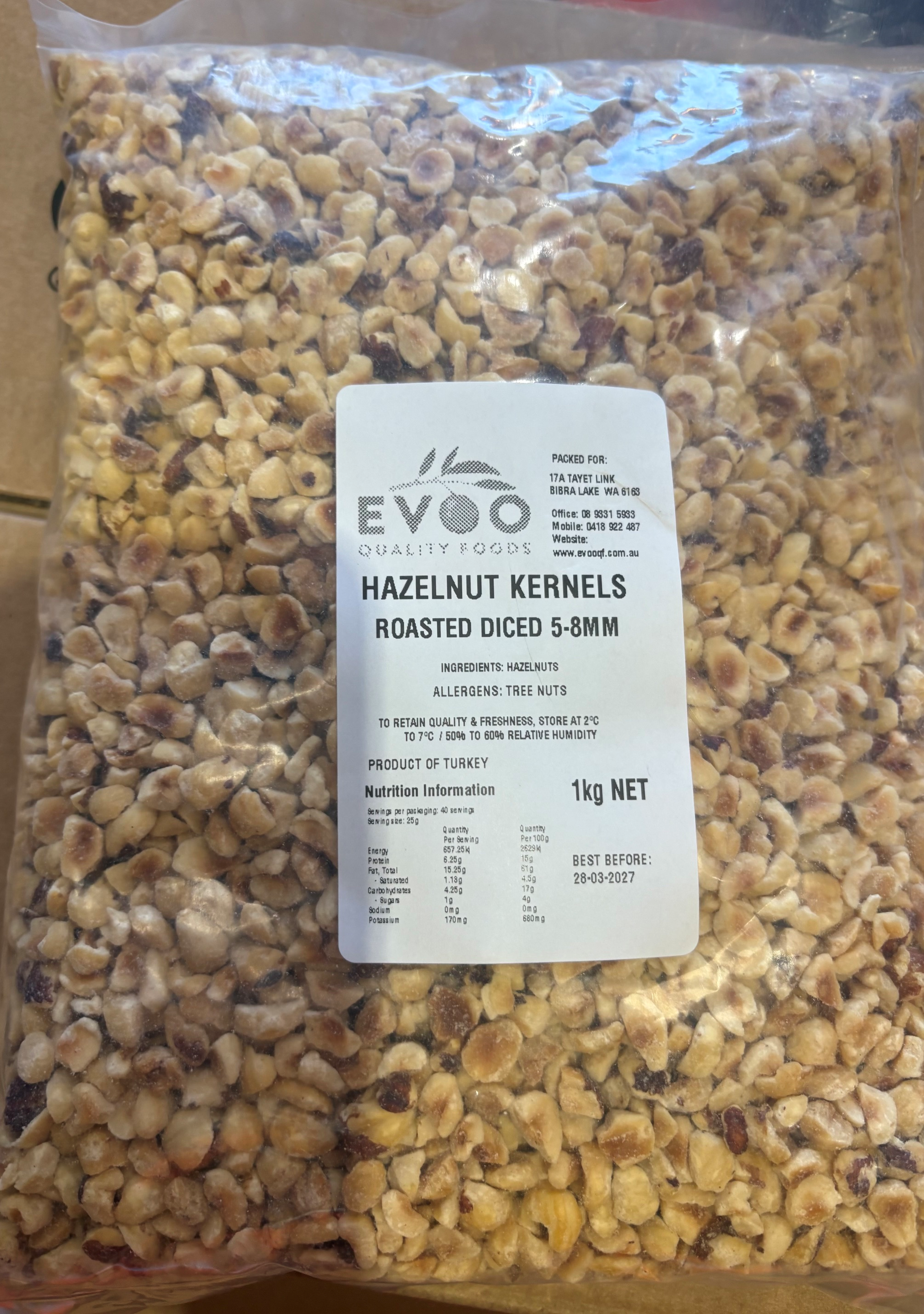 Hazelnuts Roasted & Diced 5-8mm (Blanched) 1kg Bag Evoo QF
