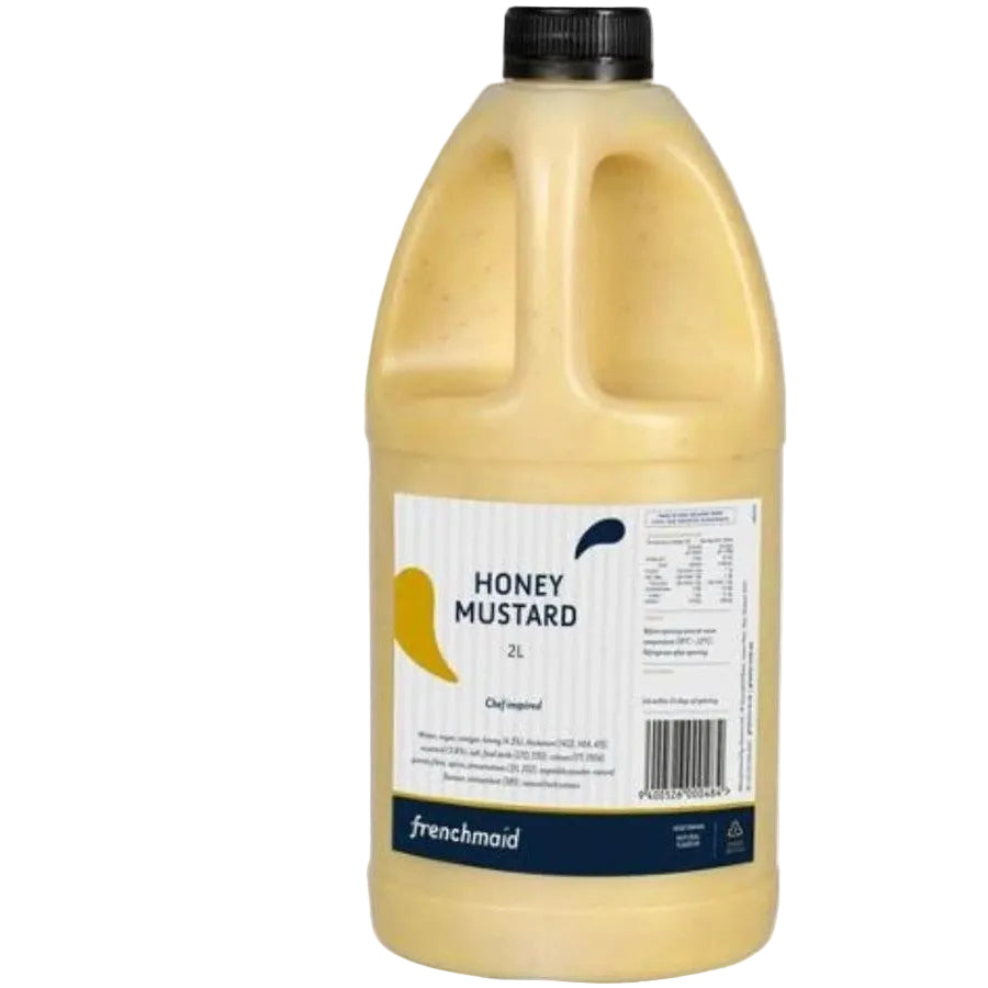 Bottle of honey mustard with a label on a white background