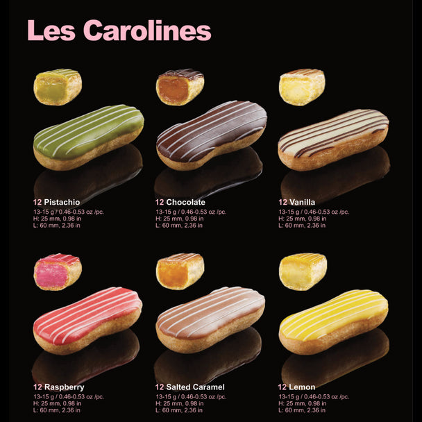 Les Carolines Mini Eclairs Assorted 72 x 13g Frozen Carton La Rose Noire (Pre order 2 days)