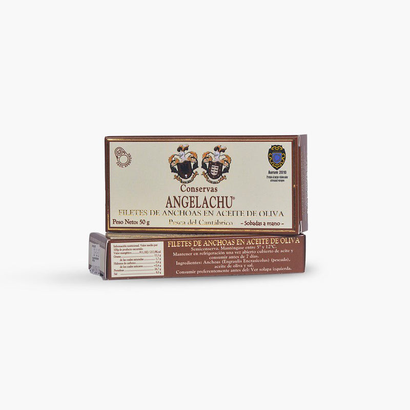 Anchovies Cantabrian fillets in Olive Oil (Hand filleted) Brown Box 50g Tin (Spain) Angelachu (D)
