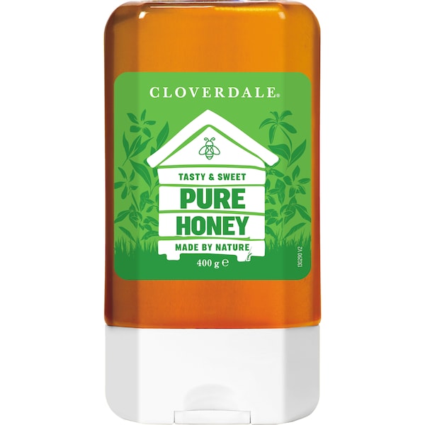 Cloverdale pure honey container with green label on a white background