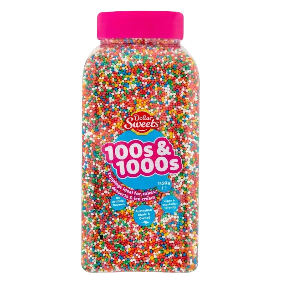 Jar of colorful 100s and 1000s sprinkles with a pink lid on a white background