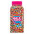 Jar of colorful 100s and 1000s sprinkles with a pink lid on a white background