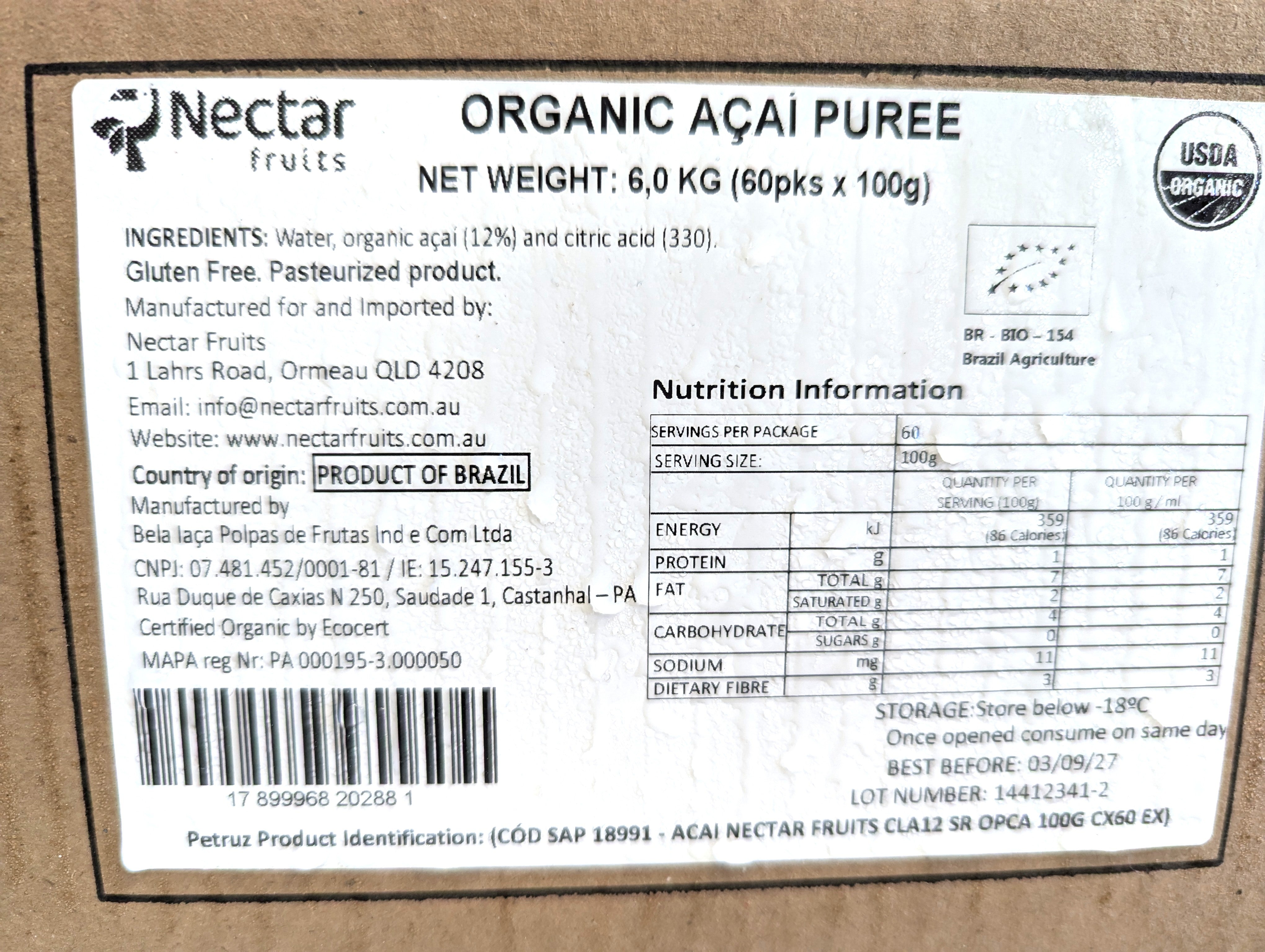 Organic Acai Puree 60 x 100g CARTON ONLY Frozen Nectar Fruits