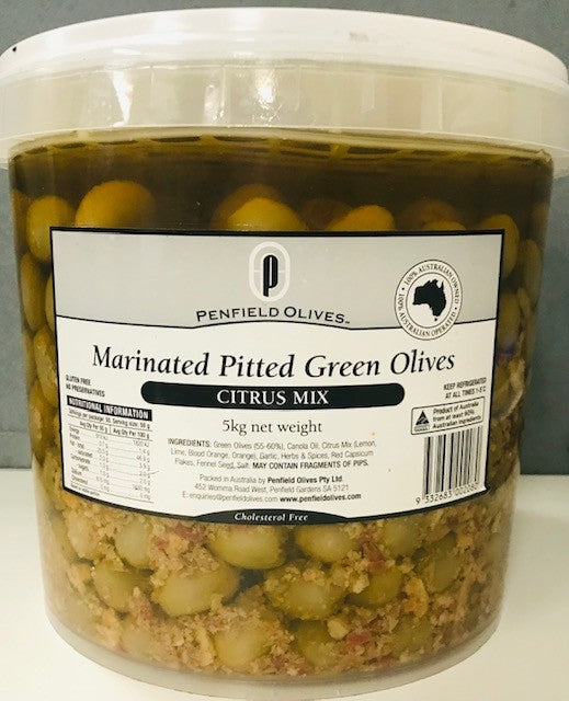 Citrus Mix Olives Marinated Pitted 5kg NDW Tub Penfields