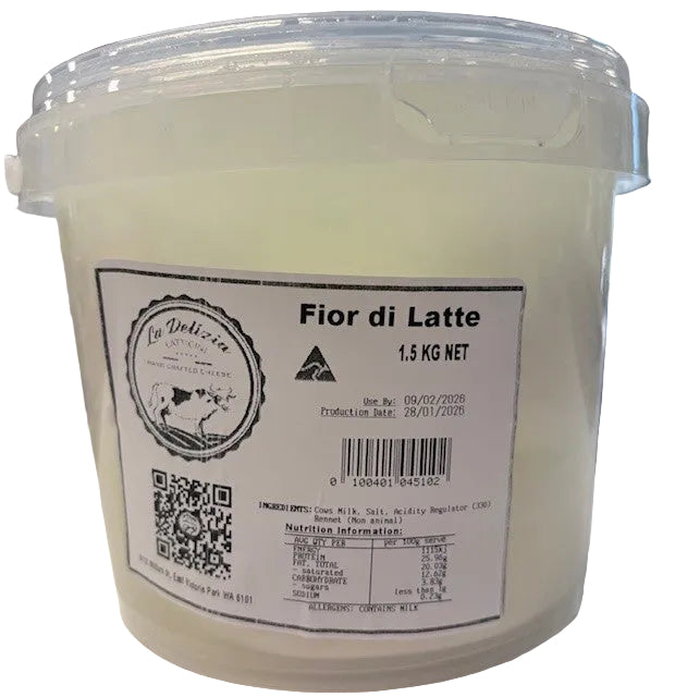Container of 'Fior di Latte' cheese with a label 