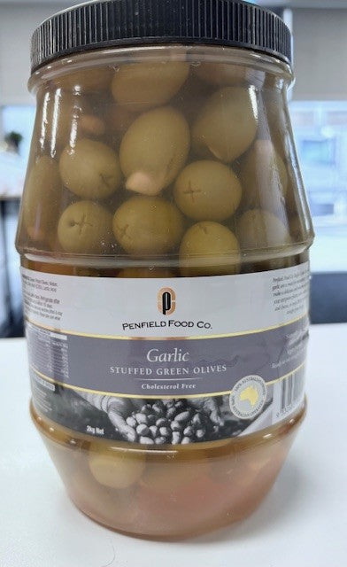 Green Olives Stuffed w/ Garlic 2kg Tub Penfield Olives