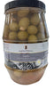 Jar of garlic stuffed green olives with a visible label on a white background