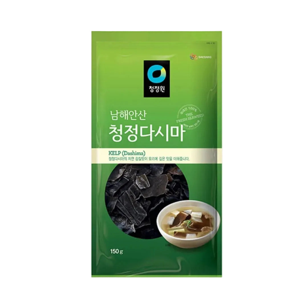 Green package of Dolsim brand kelp with a bowl of soup on a white background