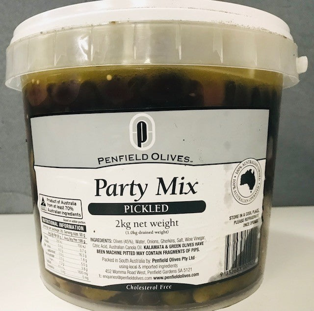 Party Mix Olives Pickled & Pitted 2kg (NDW 1kg) Tub Penfields