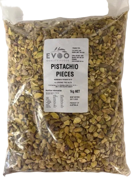 Bag of pistachio pieces with EVOO label 