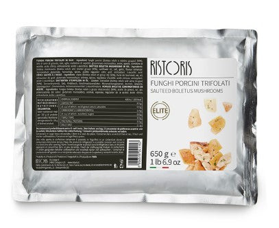 Packaged food item with Ristoris branding and mushroom illustration on a white background
