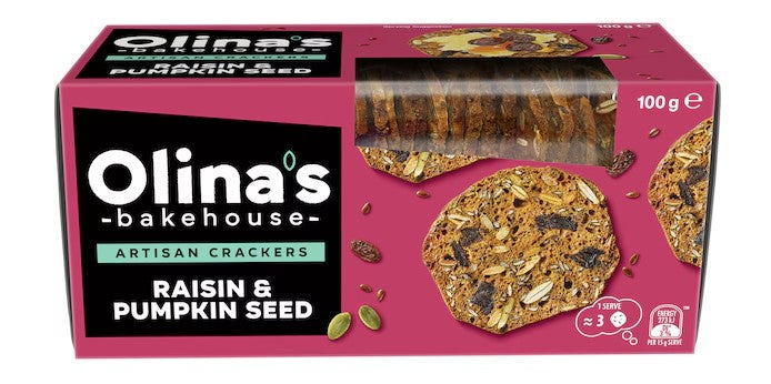 Raisin & Pumpkin Seed Artisan Crackers 100gm Olinas