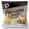 Package of shredded Parmesan cheese with a wooden background