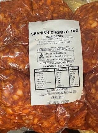 Chorizo Sliced Spanish Style Chilled RW priced per kilo, approx 1kg Barbaro