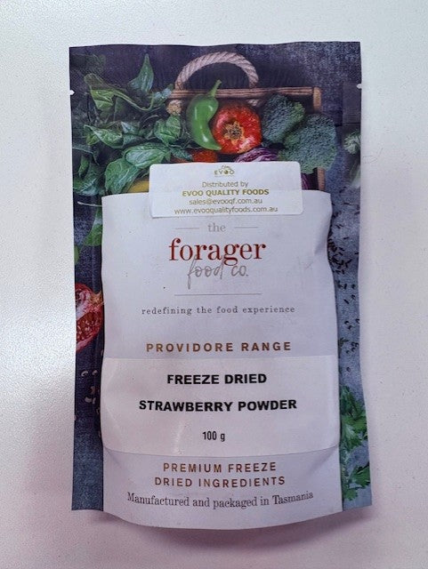 Package of 'The Forager' freeze-dried strawberry powder on a white background