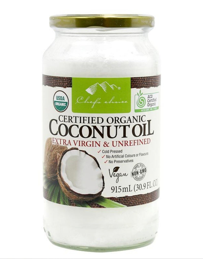 Coconut Oil Extra Virgin Certified Organic 915ml jar Chefs Choice
