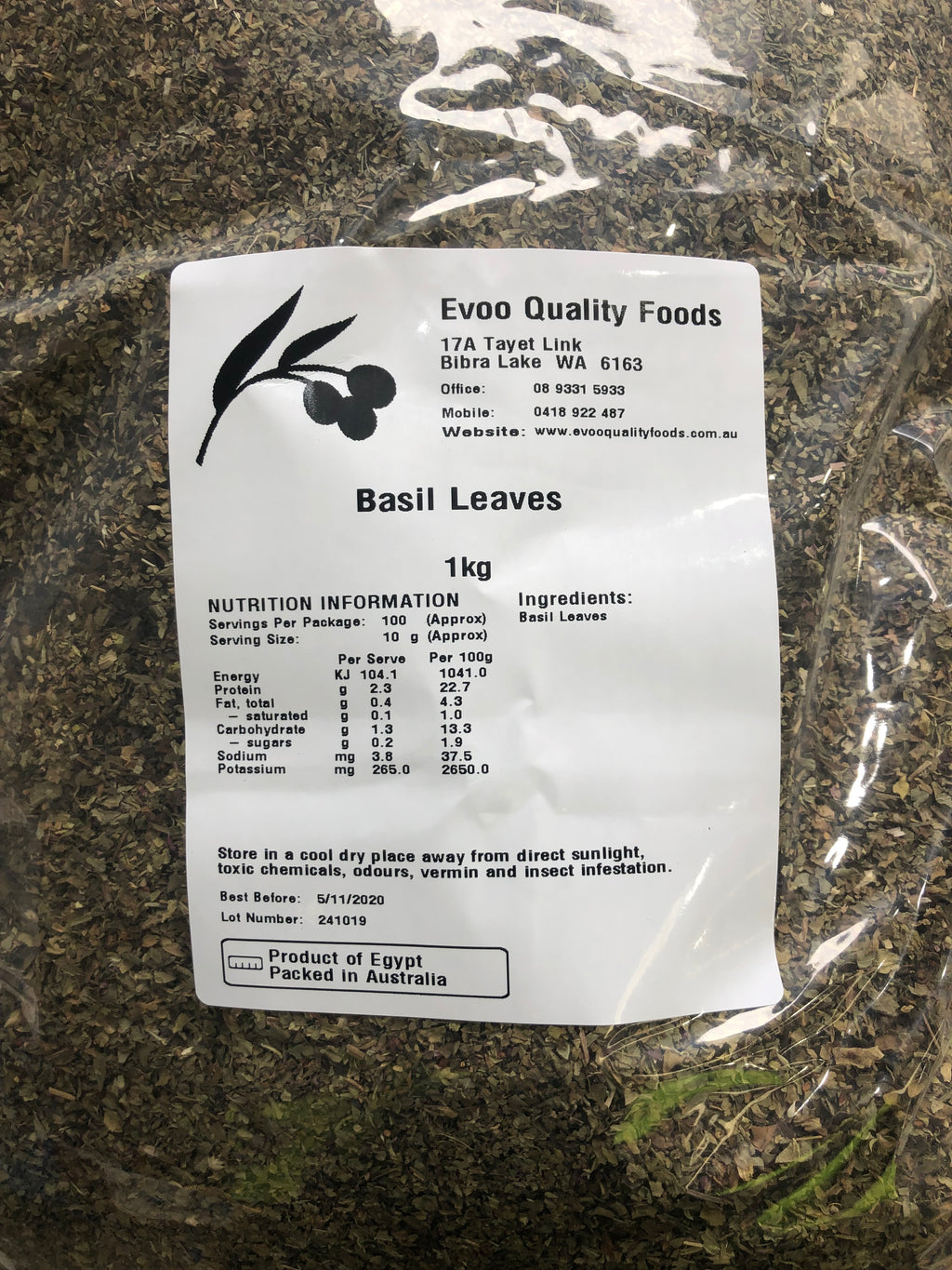 Basil Leaves Dried 1kg Bag Evoo QF