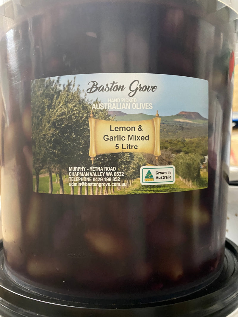 Whole Mixed Olives Marinated (Lemon & Garlic) 5lt Bucket - Locally Produced-  Baston Grove