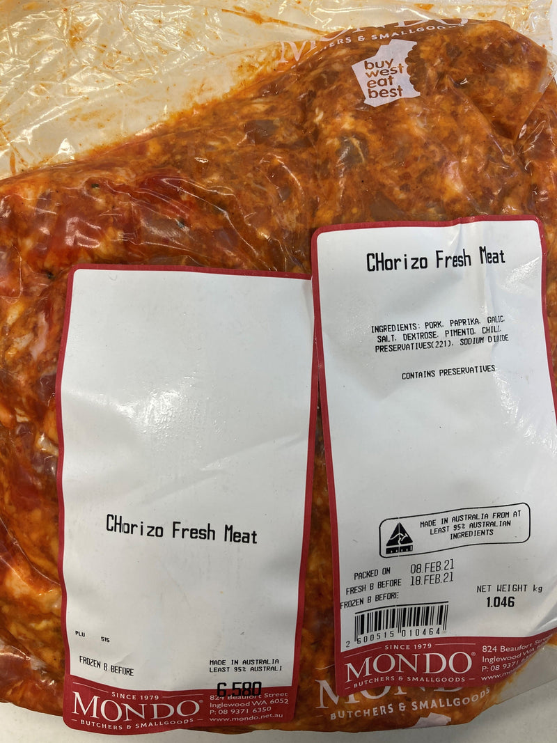 Chorizo Sausage Meat Frozen RW Priced per kg, approx 1kg Mondo Butchers