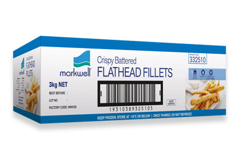 Crispy Battered Flathead Fish 55 x 55g (3kg Carton - 332510) Markwell