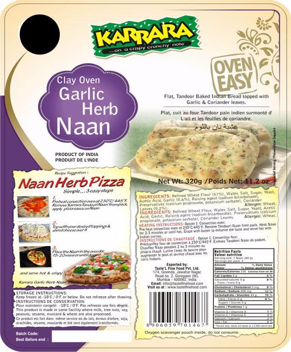 Naan Garlic Coriander Bread (1.25kg x 6 ) Karrara Frozen Carton