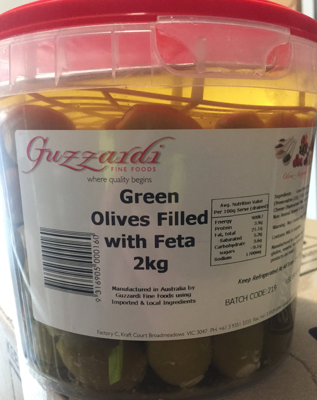 Green Olives Filled with Feta Cheese in Brine 2kg Tub Guzzardi