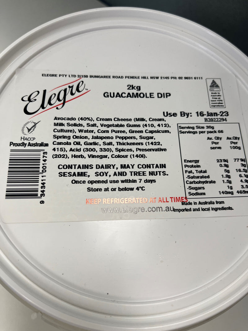 Guacamole Dip GF 2kg Tub Elegre