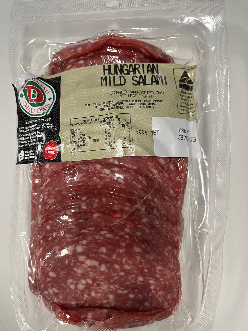Salami Hungarian Mild Sliced 500g Packet Del Basso