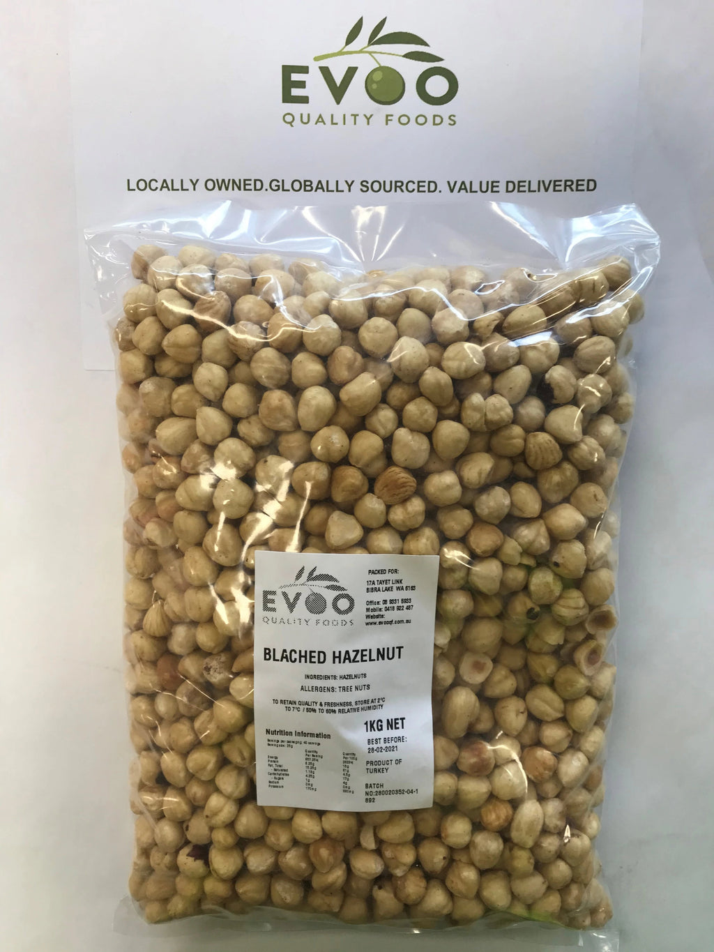 Hazelnuts Roasted and Blanched (Skin Off) 1kg Bag Evoo QF