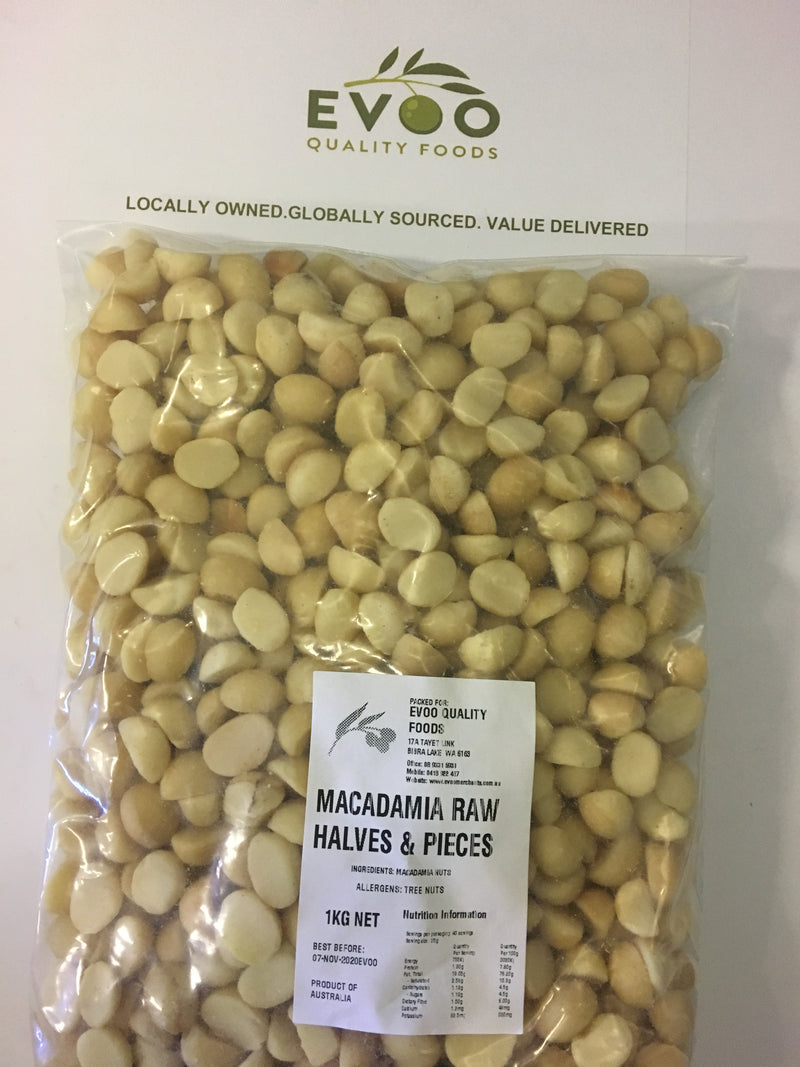 Macadamia Nut Raw Halves & Pieces 1kg Bag EVOO