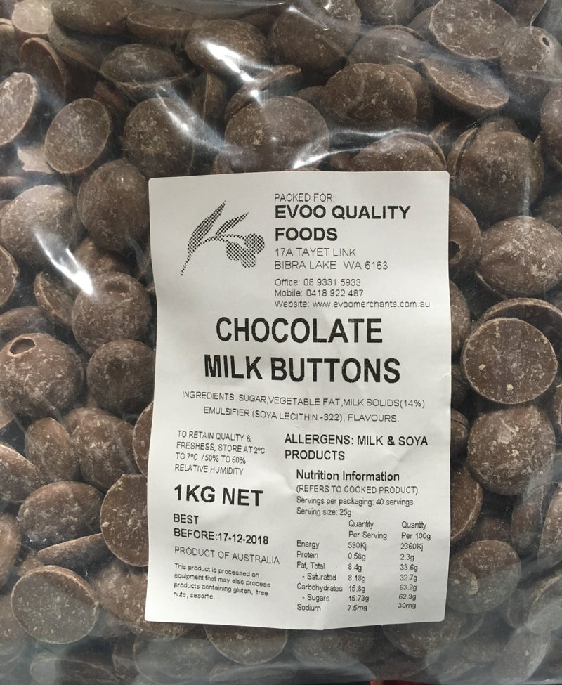 Milk Chocolate Buttons 1kg Bag Evoo QF