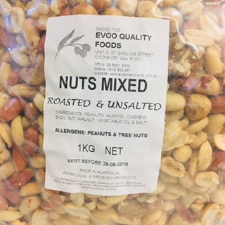 Mixed Nuts Roasted & Unsalted 1kg Bag Evoo QF