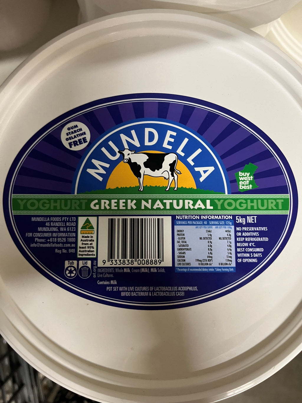 Yoghurt Greek Natural 5lt Tub Mundella (Green)