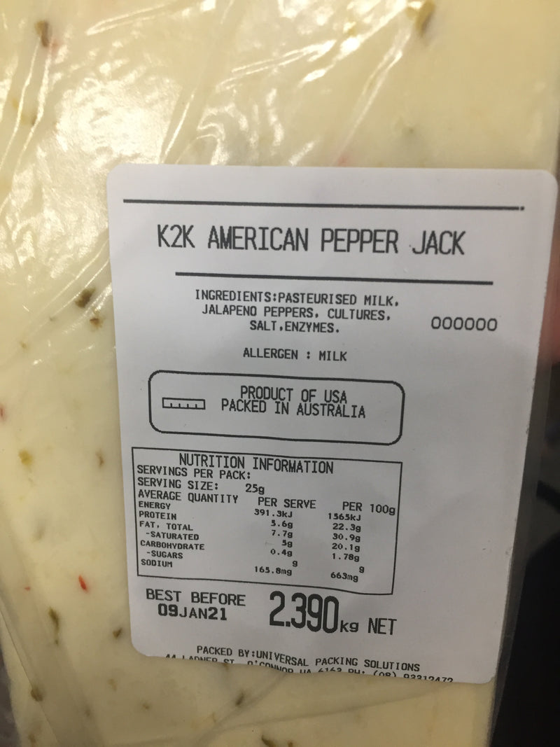 American Pepper Jack Cheese Block RW Priced per kg, approx 2kg Kitchen 2 Kitchen
