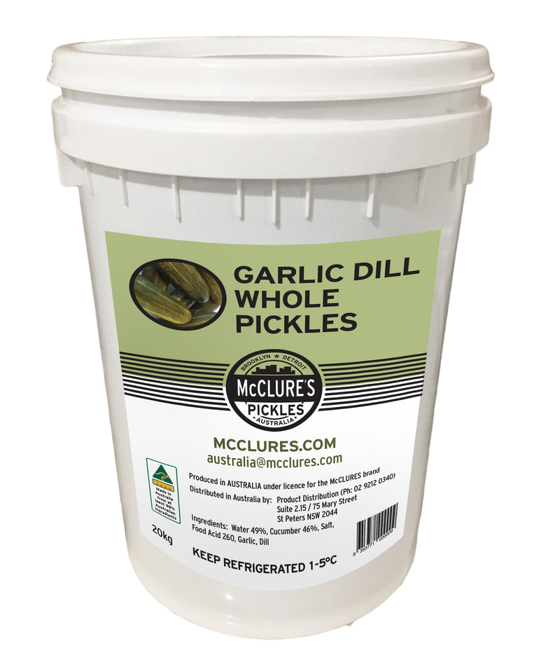 Whole Garlic Dill Pickles 20kg (NDW 10.2kg - Approx 55 -63)Tub McClures