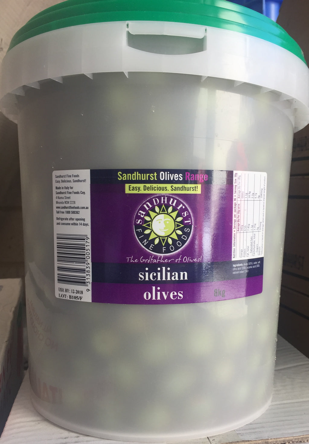 Green Whole Sicilian Olives 8kg (NDW5kg) Tub Sanrilla/Nocellara