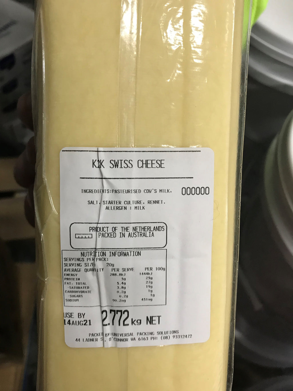Swiss Cheese Block RW Priced Per kg, approx 2.7kg K2K