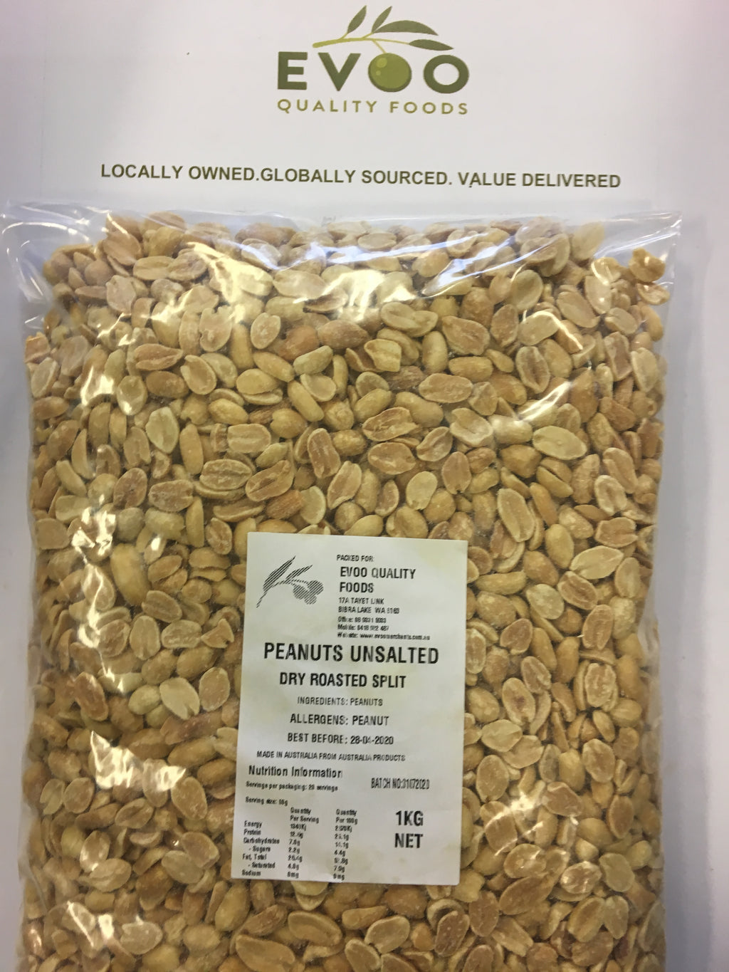 Peanuts Unsalted & Roasted 1kg Bag Evoo QF