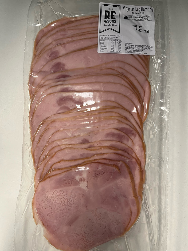 Leg Ham West Virginia Sliced 1kg Packet RE & Sons (Gluten Free)